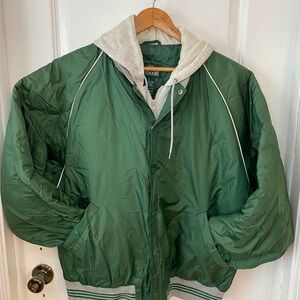 Bass Pro Shops Green Bomber Jacket with Hood Sz Large 90’s Hooded Snap Satin